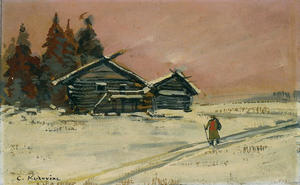 Winter Landscape with two wooden Huts