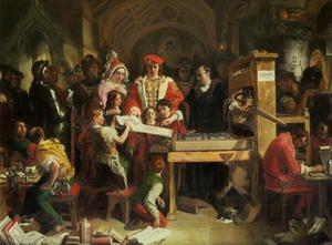 caxton mostrando la primera muestra de su impresión al rey eduardo iv en el almonry , Westminster
