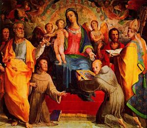 madonna y niño enthroned con seis Los santos y ángeles