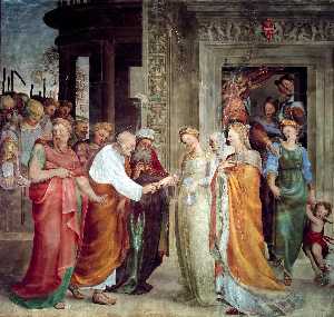 Frescos en el Oratorio de san . Benedicto en siena ( Italia ) , Escena : matrimonio de maría enestado José