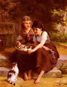  两 女孩 与  一个  篮  的  小猫