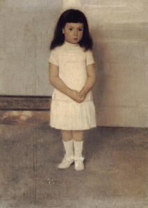 un retrato de un de pie chica en blanco