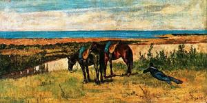 soldato e due cavalli sulla spiaggia