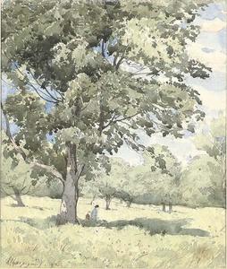 Paesaggio con due figure di fronte a albero