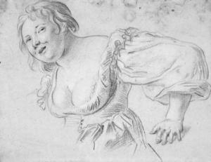 A woman with deep decolletage, turning to the left