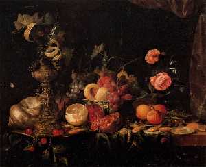 bodegón con flores y frutas