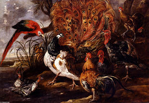 ein pfau in einer landschaft mit roosters , Truthähne , Enten , reiher und a a parrot