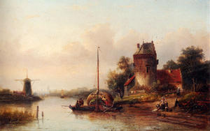 un paisaje del río en verano con un amarrado haybarge por una granja fortificada