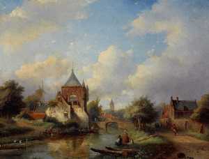A Summer Landscape with Figures Along the Riverside