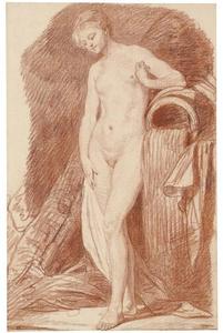 A nude woman standing by an urn