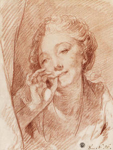 A young woman appearing behind a curtain, her hand at her mouth