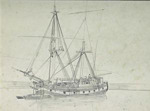 Fishing boat with two masts, anchored