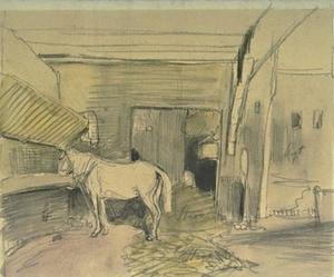 Stables with a horse, facing left