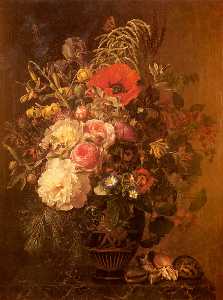 a bodegón con flores en a griego jarrón