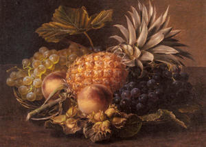 葡萄 , 一个 菠萝 , 桃子 和榛子  在  篮