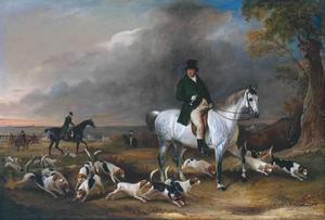 John Burgess de Clipstone, Nottinghamshire, sur un cheval favori, avec ses Harriers
