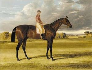 Amato, der Gewinner des 1838 Derby, mit Jockey-up, in einer Landschaft
