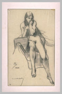 Nude woman sitting on a saddle, front