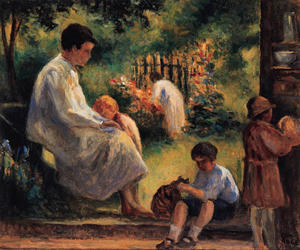 Rolleboise , femme et enfant dans le jardin