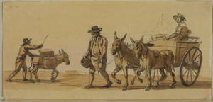 Man driving a donkey, and man leading a cart