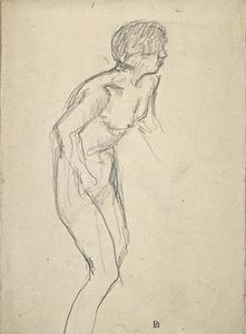 Naked woman, three-quarters to the right, bent slightly