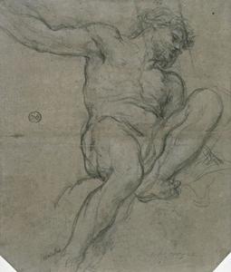 Naked man sitting, left leg raised and bent