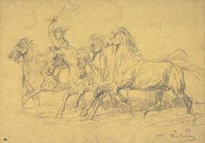 Five horses at the trot, led by a man