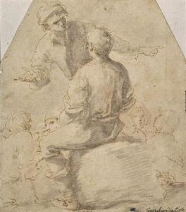 Man standing talking to a seated figure, back, and other characters