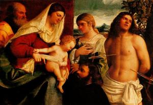 el santo familia con san . Catalina , San . Sebastián , y una Donante conversazione sacra