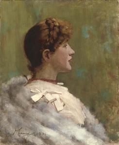 Portrait of a girl with fur wrap, seated in profile