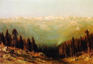 una vista del valle hetch hetchy con los ciervos en el primer plano y el monte conness en la distancia