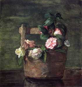 Camellias and Roses in Japanese Vase of Earthenware with Crackle