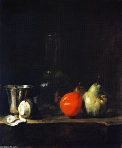 Carafe of Water, Silver Goblet, Peeled Lemon, Apple and Pears