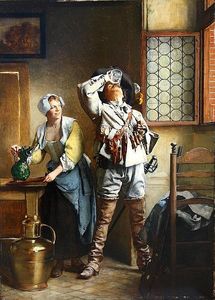 Ein Kavalier und Umhüllungs-Mädchen in einer Taverne Interior