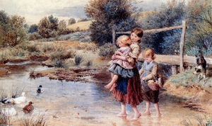 Kinder paddeln an  Ein  strom