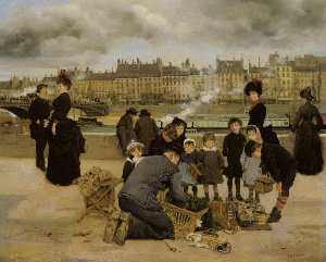 niños con un vendedor de juguetes en el quai du louvre