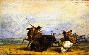 Indiens Crow attaquer un Buffalo avec le Lance près de la rivière de l Eau Douce