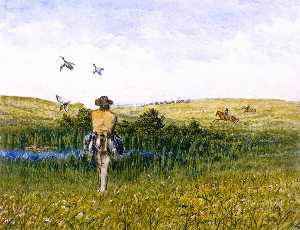Duck Hunting on the Prairies with an Immigrant Wagon Train in the Distance