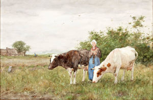 agricultor con dos vacas