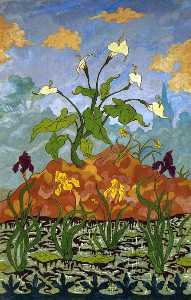 quattro pannelli decorativi : arums e viola e iris gialli