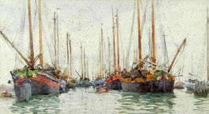 Gaily coloured fishing vessels at anchor