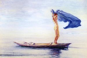 （もFayawayとして知られている）帆、サモアのために彼女の腰肉布を広げるカヌーの船首の少女