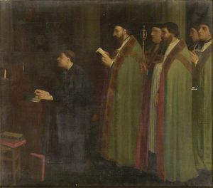Intérieur avec un organiste et un Procession