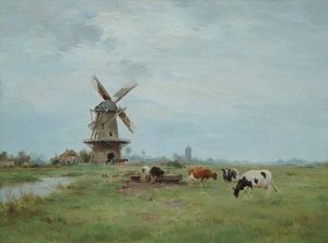 風景 と一緒に 風車 と  牛