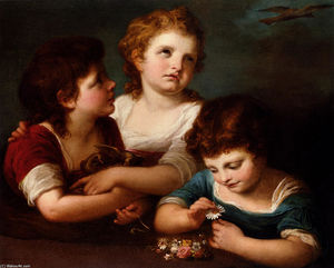 Children with a bird's nest and flowers