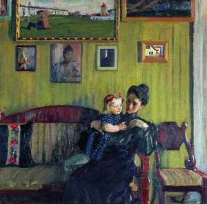 肖像YE Kustodieva与女儿伊琳娜