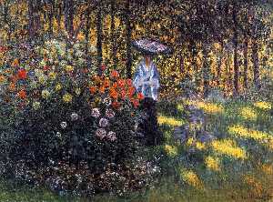 アルジャントゥイユの庭で日傘をさした女性