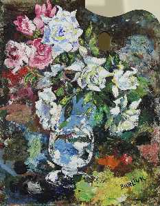 Still life with fliwers on palette