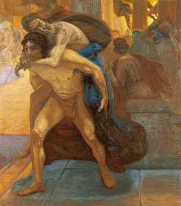 Aeneas saving his father through the flames of Troy