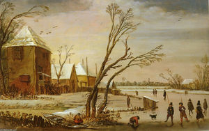 A Frozen River with Skaters